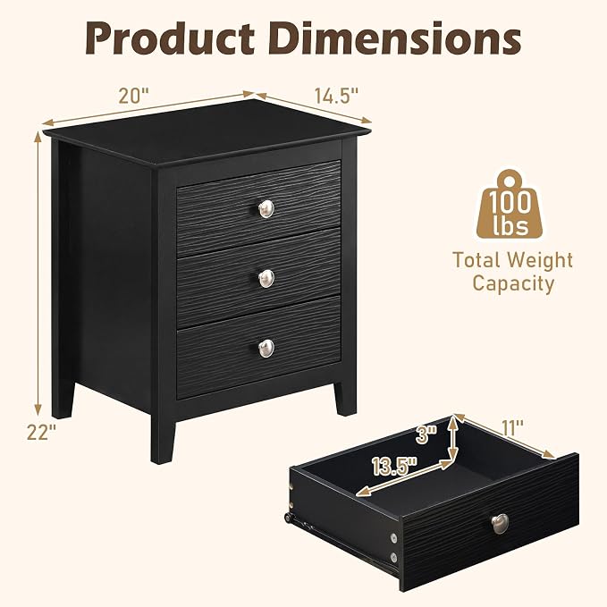 KOMFOTT Modern Farmhouse Nightstand with 3 Drawers Set of 2, Bedside Table with Wood Grain Fronts & Sleek Knobs, Wooden End Table Sofa Side Table for Bedroom Small Spaces (Black,2) - Image 3