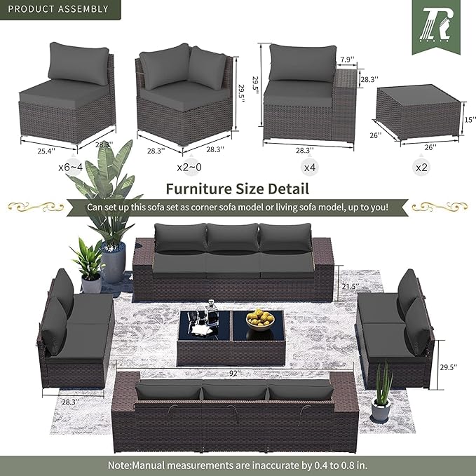 13 PCS Outdoor Patio Furniture Set,Outdoor Sectional Furniture with 43" 55000 BTU Gas Propane Fire Pit Table,All Weather PE Rattan Wicker Patio Conversation Set,Grey
