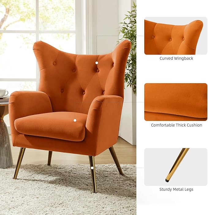 HULALA HOME Velvet Accent Chair Set of 2, Modern Wingback Arm Chair with Metal Gold Legs, Velvet Tufted Upholstered(Orange)