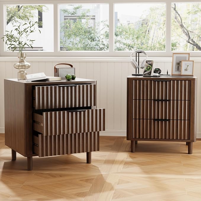 Fluted Nightstand Set of 2, Multifunctional 3 Drawers Storage Bedside Table with Charging Station, Wood Modern Nightstand, Curved Profile Design, End Table for Indoor Room Bedroom, Walnut by CozyMine