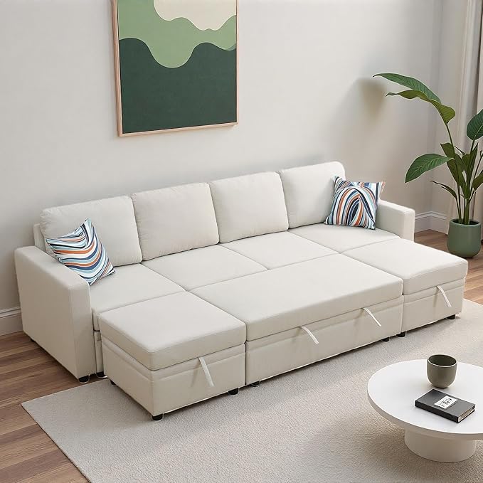 102 Inch Pull Out Couch, Convertible Sofa Bed for Living Room, Comfortable Sleeper Sofa with Pull Out Bed, Modern Sectional Couches with Ottoman Storage, Easy Assembly for Apartment, Off-White