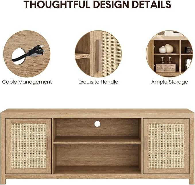IDEALHOUSE Rattan TV Stand for 65 inch, Natural Oak Entertainment Center with Adjustable Shelves, Boho TV & Media Cabinet 2-Tier Storage for Living Room Bedroom - Image 5