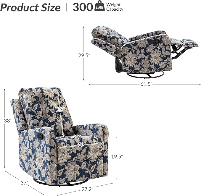 HULALA Home Recliner Chair Modern Printed Fabric for Living Room, Wingback Rocker Recliner Sofa Comfy Armchair 360 Degree Swivel, Nursery Rocking Chairs with Adjustable Backrest & Footrest/Navy