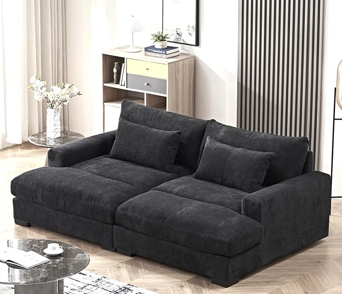 Luxe Sleeper Sofa with Soft Corduroy Upholstery, Double Chaise Design, Convertible to Twin Size Bed, Modern and Comfortable Living Room Couch, 89.9" Wide, Black