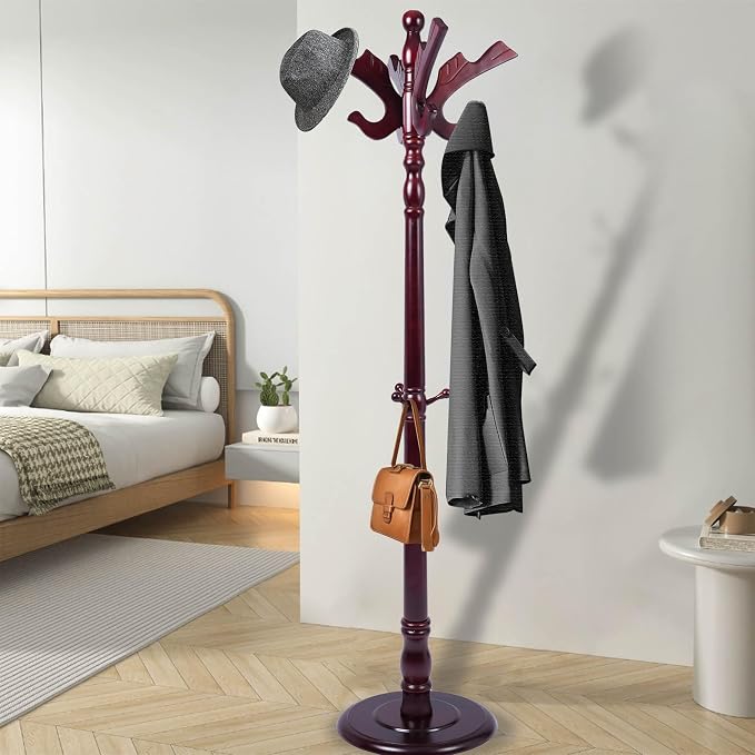Wooden Coat Rack Freestanding with 11 Hooks Bird Style, 71'' Vintage Coat Racks Tree, Adjustable Height, Coat Hanger Stand with Sturdy Base, Coat Tree Hats Hanger for Living Room, Bedroom, Entryway - Image 7