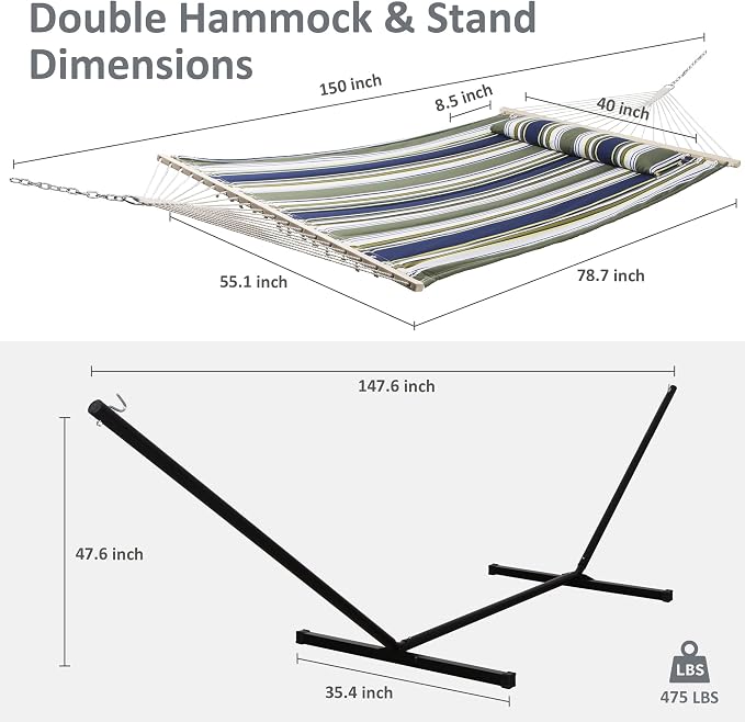 SUNCREAT Double Hammock, Extra Large Quilted Fabric Swing with Hardwood Spreader Bars & Detachable Pillow, Heavy Duty, Perfect for Indoor/Outdoor Patio, Deck, Yard, Blue&Aqua - Image 4