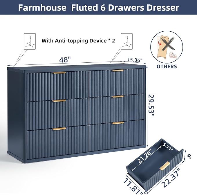 LEYAOYAO Fluted 6 Drawers Dresser for Bedroom, 48" Wide Farmhouse Chest of Drawers with Metal Handle,Curved Profile Modern Closet Organizer Wood Dressers TV Stand for Living Room, Hallway, Blue - Image 2