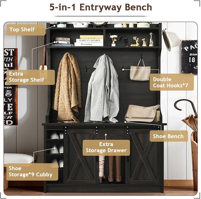 4ever2buy Farmhouse Hall Tree with Bench 5-in-1 Entryway Bench with Coat Rack with Sliding Barn Doors Entryway Coat Rack with Shoe Storage Dark Oak - Image 3