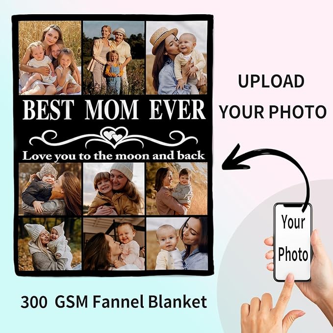 ROMANDY Ships Next Day Custom Blanket with Picture Customized Banket Personalized Throw Blankets Customizable Photo Blankets Customize Gifts for Mom Dad Girlfriend Boyfriend Wife Husband Her Him