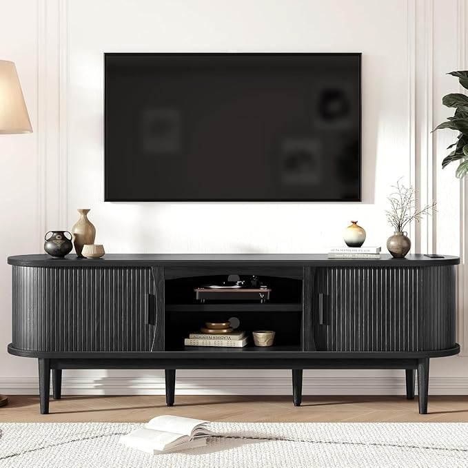Decofy Mid Century TV Stand for TVs up to 80 Inches, Entertainment Center with Storage, Power Outlet, Fluted Sliding Doors & Adjustable Shelves, Modern Media TV Console Table for Living Room (Black) by Decofy