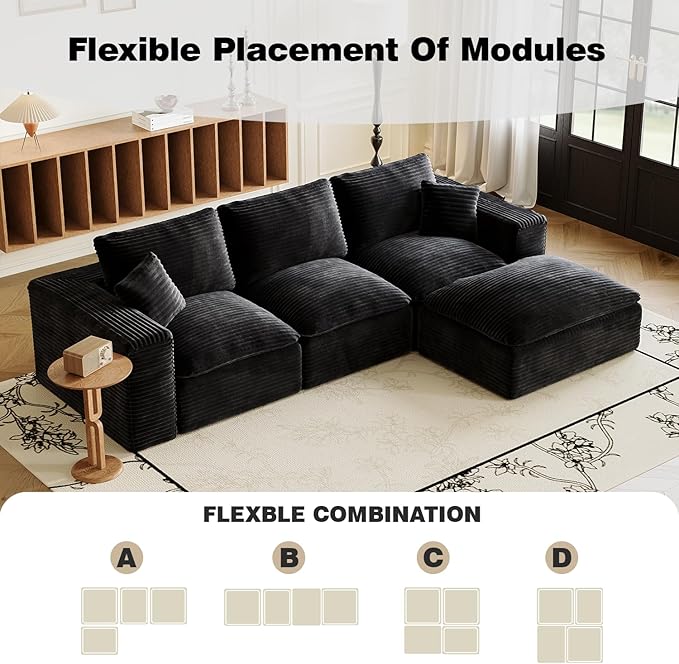 Ball & Cast 108" Cloud Sectional Couches for Living Room,Convertible L Shaped Couch with Deap Seat & Movable Ottoman,3 Seater Modular Sectional Sofa,Free Combination,No Assembly Required,Black