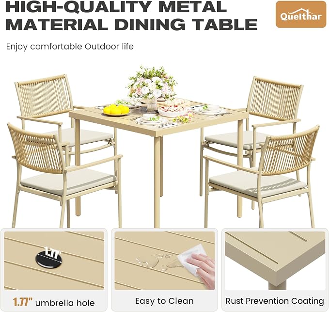 5-Piece Outdoor Dining Set for 4, Rectangle Expandable Table with Umbrella Hole, 4 Wicker Rattan Chairs with Soft Cushion,Patio Dining Set, Conversation Set for Backyard, Garden & Poolside, Beige - Image 4