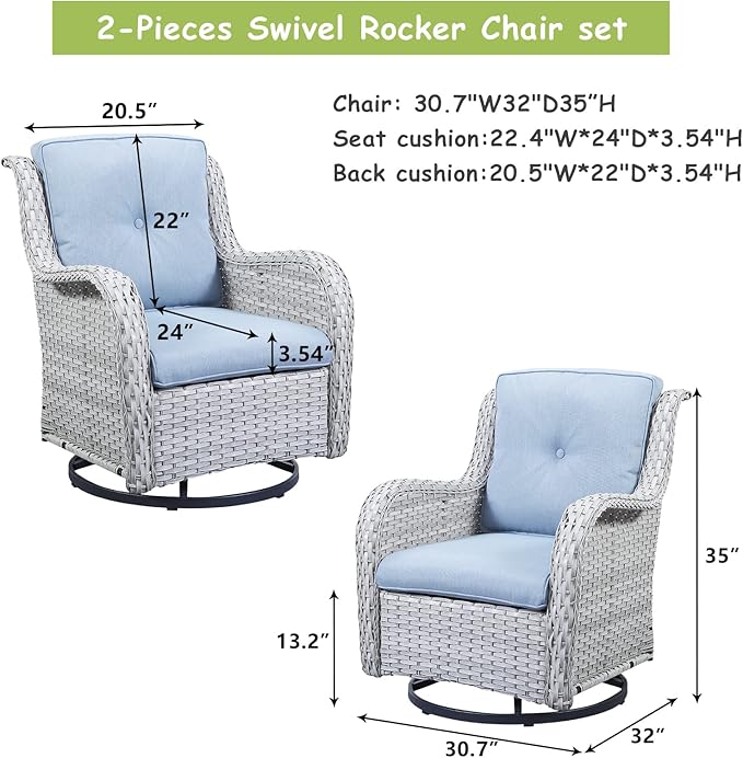 Rilyson Wicker Rocking Chair Swivel Chairs - 2 Piece Rocker Patio Chairs Set Rattan Rocking Chair for Outdoor Porch Deck Garden Backyard(Light Grey/Sky Blue)