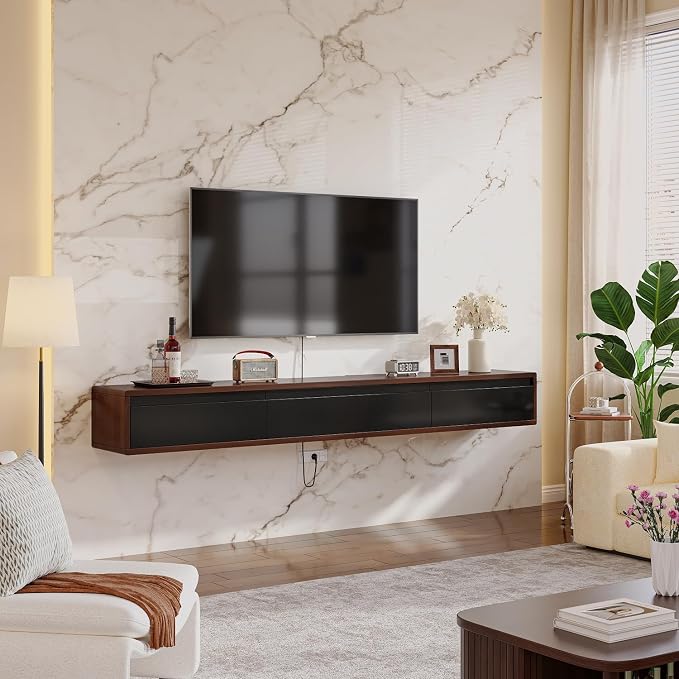 FurniNova Fully Assembled Floating TV Stand, Modern Plywood Media Console with 2 Drawers & 1 Flip Door, Wall Mounted Entertainment Center with High Gloss Finish & Round Edges, 55 inch, Walnut & Black - Image 6