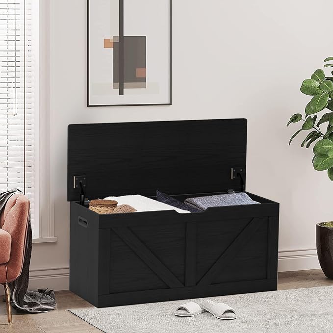 Timberer 39.4" Storage Chest, Wooden Storage Bench, Large Storage Trunk with 2 Safety Hinges, Entryway Shoes Bench for Living Room, Bedroom, Black - Image 2