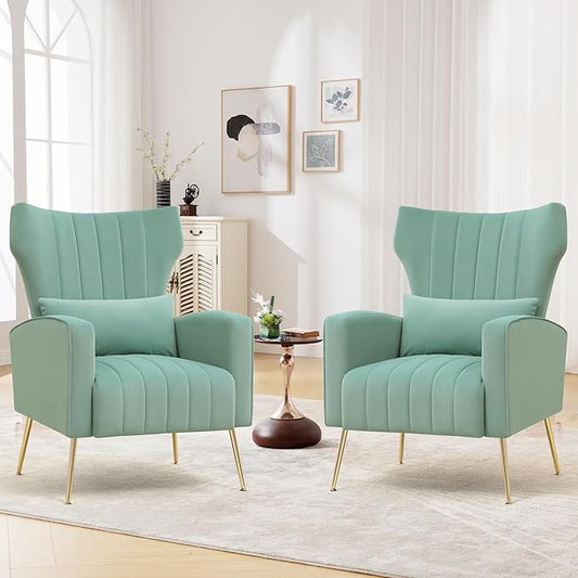 Accent Chairs Set of 2,Upholstered Living Room Chairs,High Back Arm Chairs with Metal Legs Lumbar Reading Chairs for Living Room,Bedroom, Apartment Lake Green