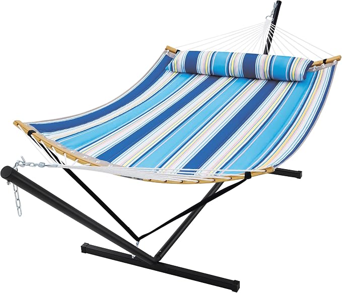 SUPERJARE Curved-Bar Hammock with Stand, 2 Person Heavy Duty Hammock Frame, Detachable Pillow & Portable Carrying Bag, Perfect for Outdoor & Indoor, Holiday Voyage Stripe by SUPERJARE