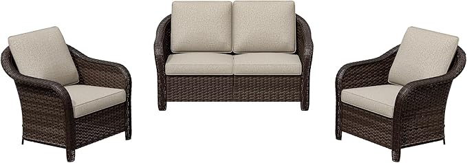3 Pieces Outdoor Patio Conversation Set, 55" Couch, 2 Chairs, Rattan Wicker Conversation Furniture with Removable Cushions for Bistro, Deck (Beige)