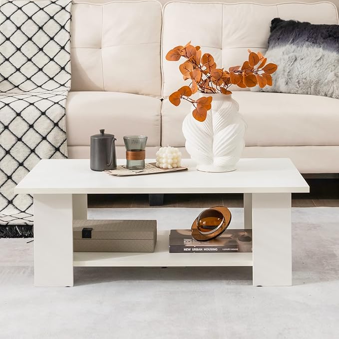 GOFLAME Coffee Table with Storage, Modern Sofa Side Center Table for Small Space, Accent TV Stand for Living Room, Reception Room & Dining Room, Easy Assembly, White