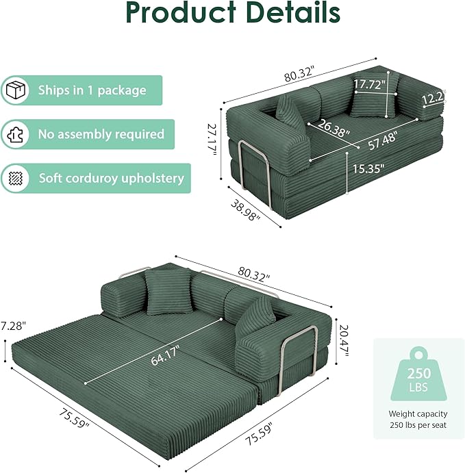 Eafurn 4-in-1 Convertible Folding Sofa Bed Boneless Loveseat Sofa in a Box - Foam Sleeper Couch with Fxied Frame, Modern Corduroy Upholstered Floor Couch & Fold Out Mattress | Breathable material, Fixed-shape Frame