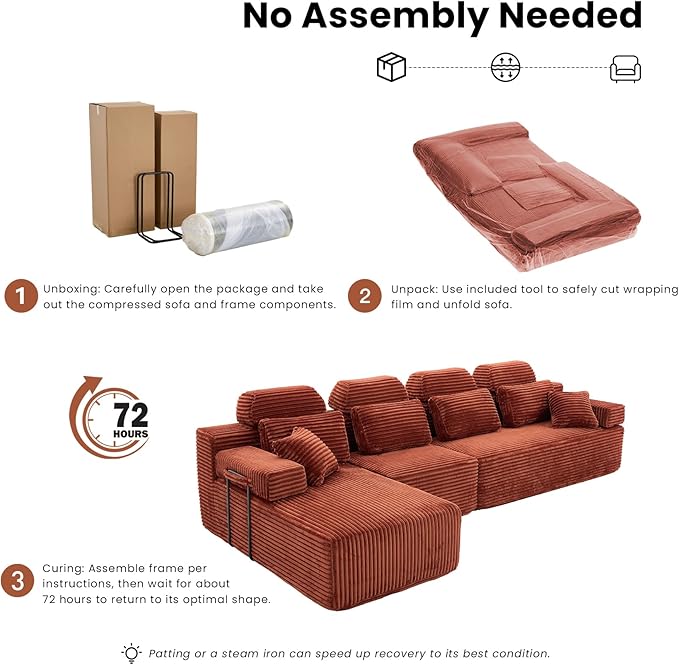 136" L Shaped Cloud Modular Sectional Sofa with Chaise & Headrest, Boneless Deep Seat Plush Corduroy Couches for Large Living Room, No Assembly Required (Orange, 136" L-shapred Chaise)