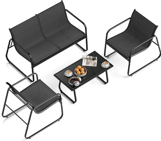 HAPPYGRILL 4 Pieces Patio Conversation Set, Fabric Lawn Chairs and Loveseat with Tempered Glass Coffee Table, Heavy Duty Metal Frame, Outdoor Furniture Set for Porch, Garden and Poolside