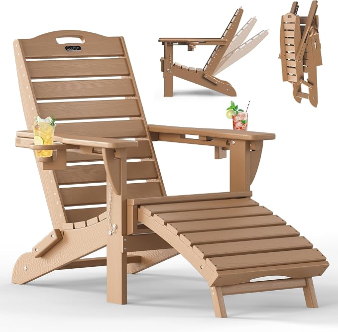 Folding Adirondack Chair with Retractable Ottoman Weather Resistant Fire Pit Chair Patio Chair with 2 Cup Holder Lawn Outdoor Lounge Chair (Teak) by Suunyn