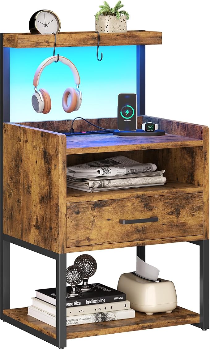 VIAGDO Nightstand with Charging Station and LED Lights, Rustic Brown Night Stand with Drawer, Modern End Side Table with Open Storage Shelves, Bedside Tables for Bedroom, Office - Image 9