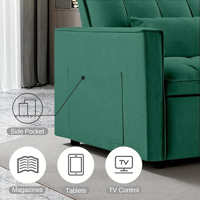 3 in 1 Pull Out Sofa Bed, 54" Sleeper Sofa Bed with 3-Level Adjustable Backrest, Velvet Fabric Loveseat Sleeper Couch for Living Room & Bedroom & Apartment & Dorm Furniture, Green
