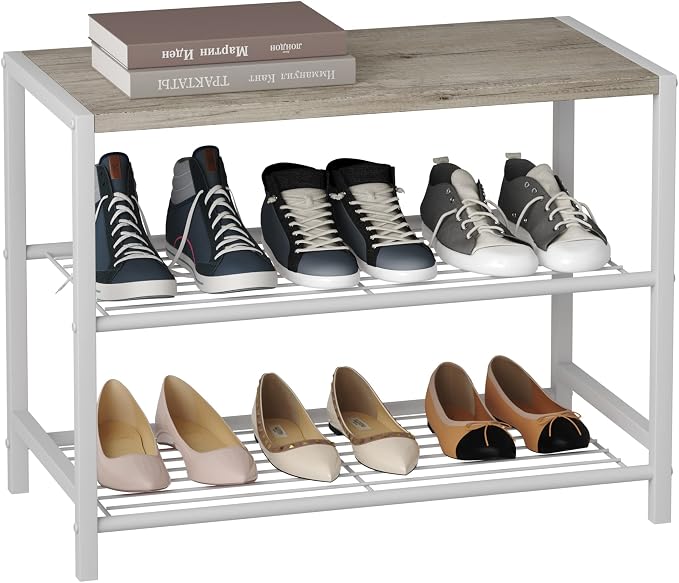 HOMEFORT 3-Tier Shoe Rack, Shoe Storage Shelf, Industrial Shoe Tower, Narrow Shoe Organizer for Closet Entryway, Small Shoe Rack Table with Durable Metal Shelves, White Oak by HOMEFORT