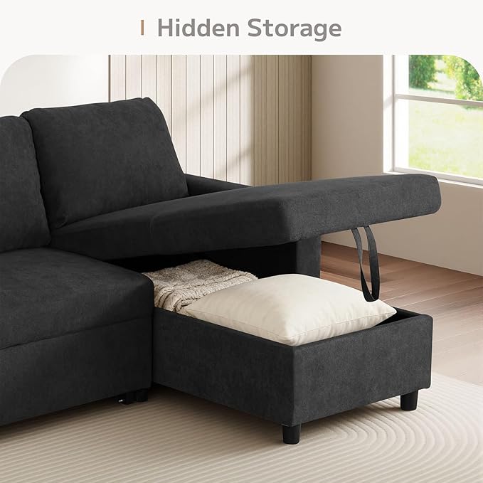 L-Shaped Sleeper Sofa with Chaise Lounge & Storage, Pull-Out Couch Bed with Recliner, Full Size Futon for Living Room, Office, Apartment Black