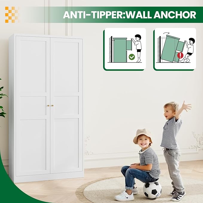 Metal Armoire Wardrobe Closet Cabinet,White Armoire Wardrobe Closets Storage Cabinets with Doors and Adjustable Shelves for Laundry Room,Bedroom,Bathroom