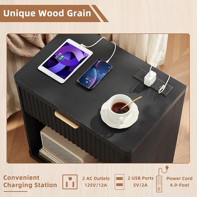 LEYAOYAO Fluted Nightstand with Charging Station, 23" Wide 1 Drawers End Table,Black Night Stand with Open Storage Cabinet, Farmhouse Bed Side Tables, Wood Dresser for Bedroom, Living Room, Closet - Image 7