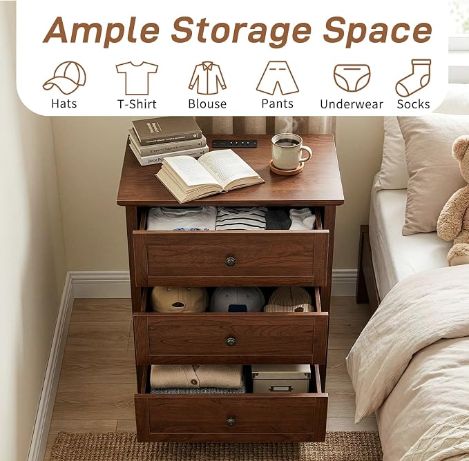 Karl home Farmhouse Nightstand with Charging Station, Wide End Table with 3 Large Drawers & Mental Handles, Wood Small Side Table of Drawers for Bedroom, Closet, Brown - Image 8