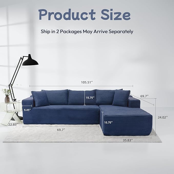 105" Cloud Sectional Couch with L-Shape Chaise,Modern Modular Sofa with Deep Seat, Fluffy Boneless Couches for Living Room Bedroom,No Assembly Required, Dark Blue (Plush Flannel Fabric)