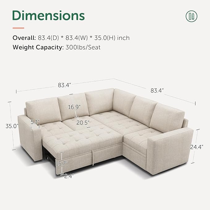 HONBAY Modular Sectional Sofa with Pull Out Bed Convertible L Shaped Couch with Storage Seat Sleeper Sectional Couches for Living Room,Mid Beige