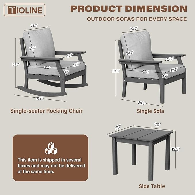 HDPE Patio Conversation Set, 3-Piece All Weather Outdoor Furniture Set with 1 Single Sofa，1 Rocking Sofa for Deck, Lawn, with Cushion, Gray