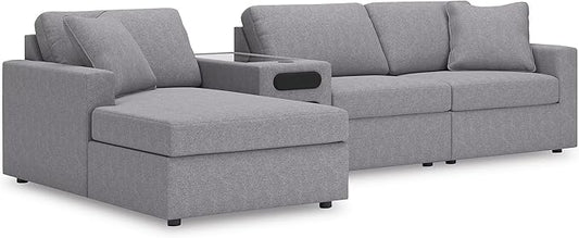 Signature Design by Ashley Modern Modmax Stain Resistant L-Shape Left-Arm Facing 4-Piece Sectional with Chaise and Audio Console, Gray
