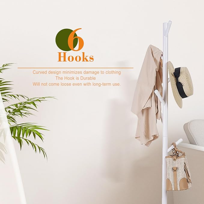 VECELO Coat Rack Freestanding, Entryway Hanger Stand, Umbrella Holder, Hall Tree With Hooks, Floor Standing Metal Tree Stand,White - Image 5