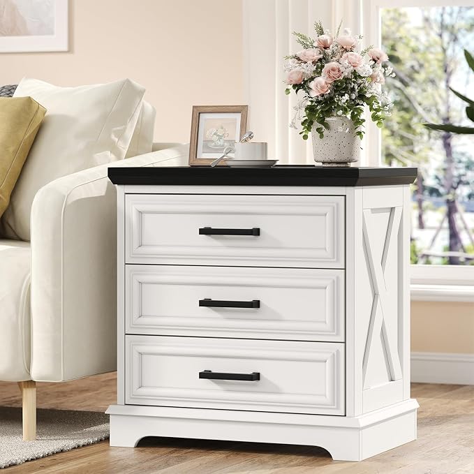 knoworld 24 Inch Wide Farmhouse Nightstands with Charging Station, White Nightstand with 3 Large Drawers, Rustic Wood End Table for Bedroom - Image 7