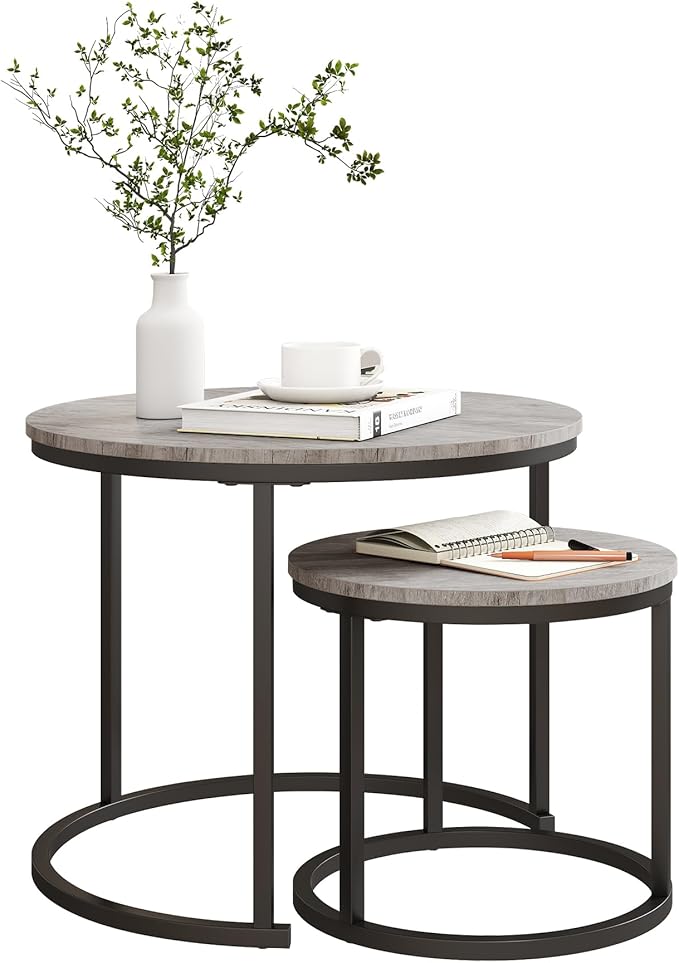 HOJINLINERO Round Coffee Table,Nesting Coffee Table Set of 2,Center Tables for Living Room,Office, Home Small Space,Stacking Side Tables,Sturdy and Easy Assembly,Wood Desktop,Black+Grey,Small