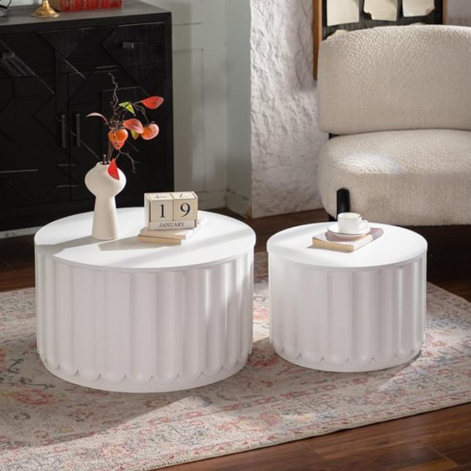 kevinplus 46.46'' White Round Coffee Table Set of 2 with Storage Space & Lift-Off Lid, Modern Circle Fluted Drum Nesting Coffee Table for Living Room, No Assembly, White