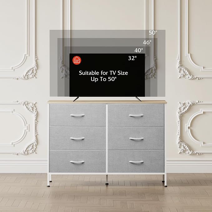 WLIVE Dresser for Bedroom with 6 Drawers, Wide Dresser TV Stand for 50 Inches TV with Metal Frame, Wooden Top, Chest of Drawers, Fabric Dresser for Living Room, Hallway, Light Grey - Image 6