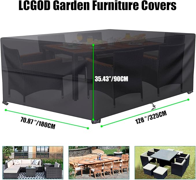 Garden Furniture Covers Waterproof Patio Furniture Covers for All Weathers, Heavy Duty 600D Oxford Fabric Rectangular Windproof Anti-UV Outdoor Table Covers【Black】(127.95" Lx70.87 Wx27.95 H) - Image 3