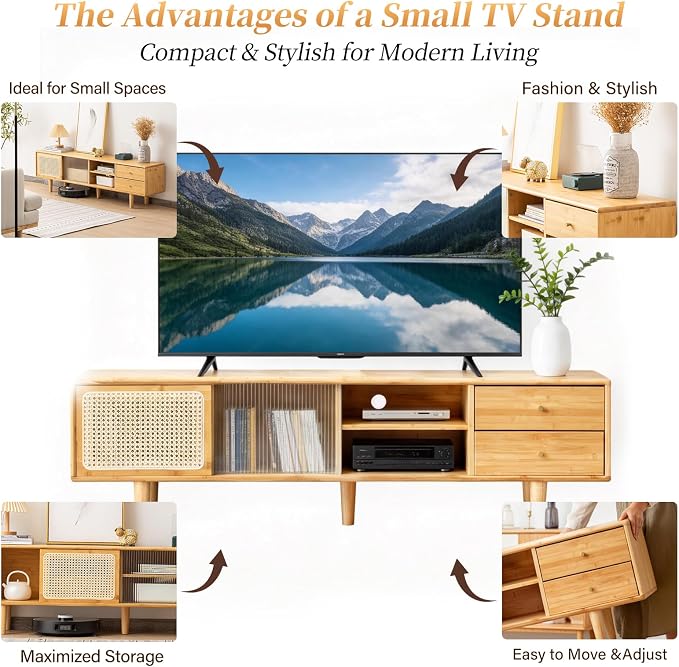 Tiita Rattan TV Stand for 55 60 Inch TV, Bamboo TV Cabinet with 2 Drawers, Boho Entertainment Center with Adjustable Shelf, Mid Century Modern Media Console for Bedroom, Living Room, Study - Image 8