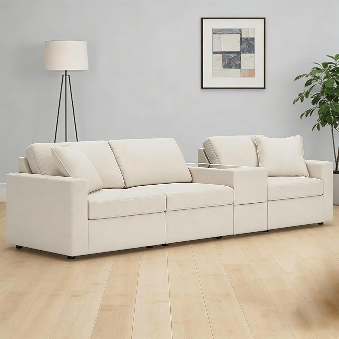 Signature Design by Ashley Modmax Coastal Modular Stain Resistant 4-Piece Sectional with Storage Console, Drawer and 2 Accent Pillows, Beige