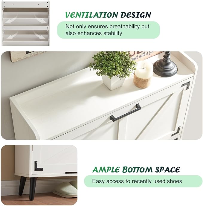 Barnyatoh Shoe Storage Cabinet with 2 Flip Drawers, Farmhouse Hidden Shoe Organizer, Narrow Slim Shoe Rack Cabinet for Entryway Hallway,Antique White - Image 6