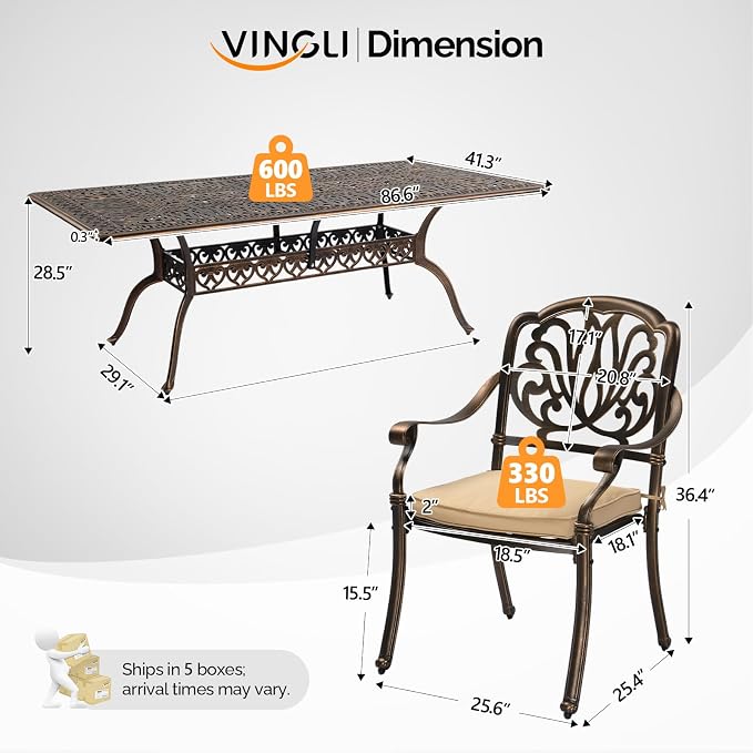 VINGLI 9 Pieces Outdoor Dining Set, Cast Aluminium All-Weather Patio Dining Set for 8 with Umbrella Hole, Outdoor Dining Table and Chairs with Cushion for Yard, Garden, Porch and Poolside, Bronze - Image 7