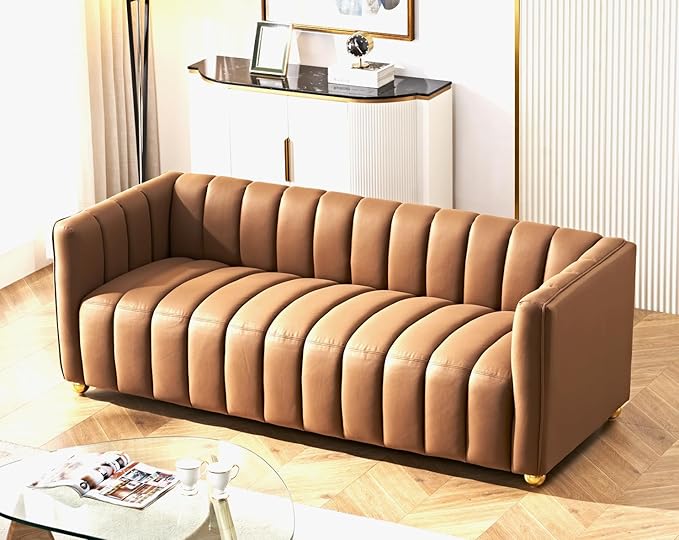 Direct Glam Fabric Upholstered Solid Wood Frame 82.7" Art Deco Sofa for Living Room, Office, Sophisticated 3 Seater Couch, Brown
