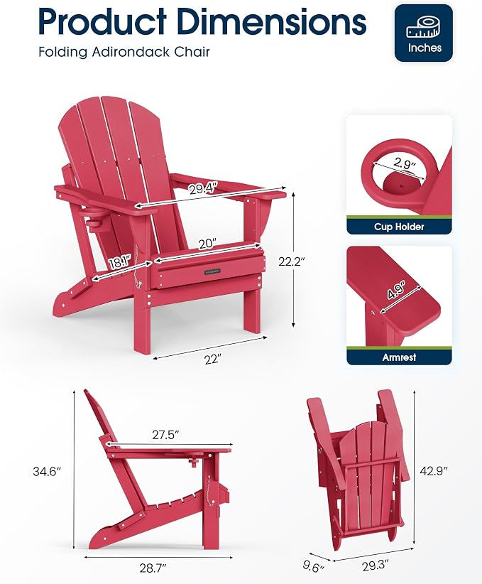 MUCHENGHY Folding Adirondack Chairs Set of 4, Patio Chairs, Lawn Chairs, Outdoor Chairs, Adirondack Chair Plastic, Fire Pit Chairs, Weather Resistant with Cup Holder for Deck, Backyard, Garden(Red) - Image 3